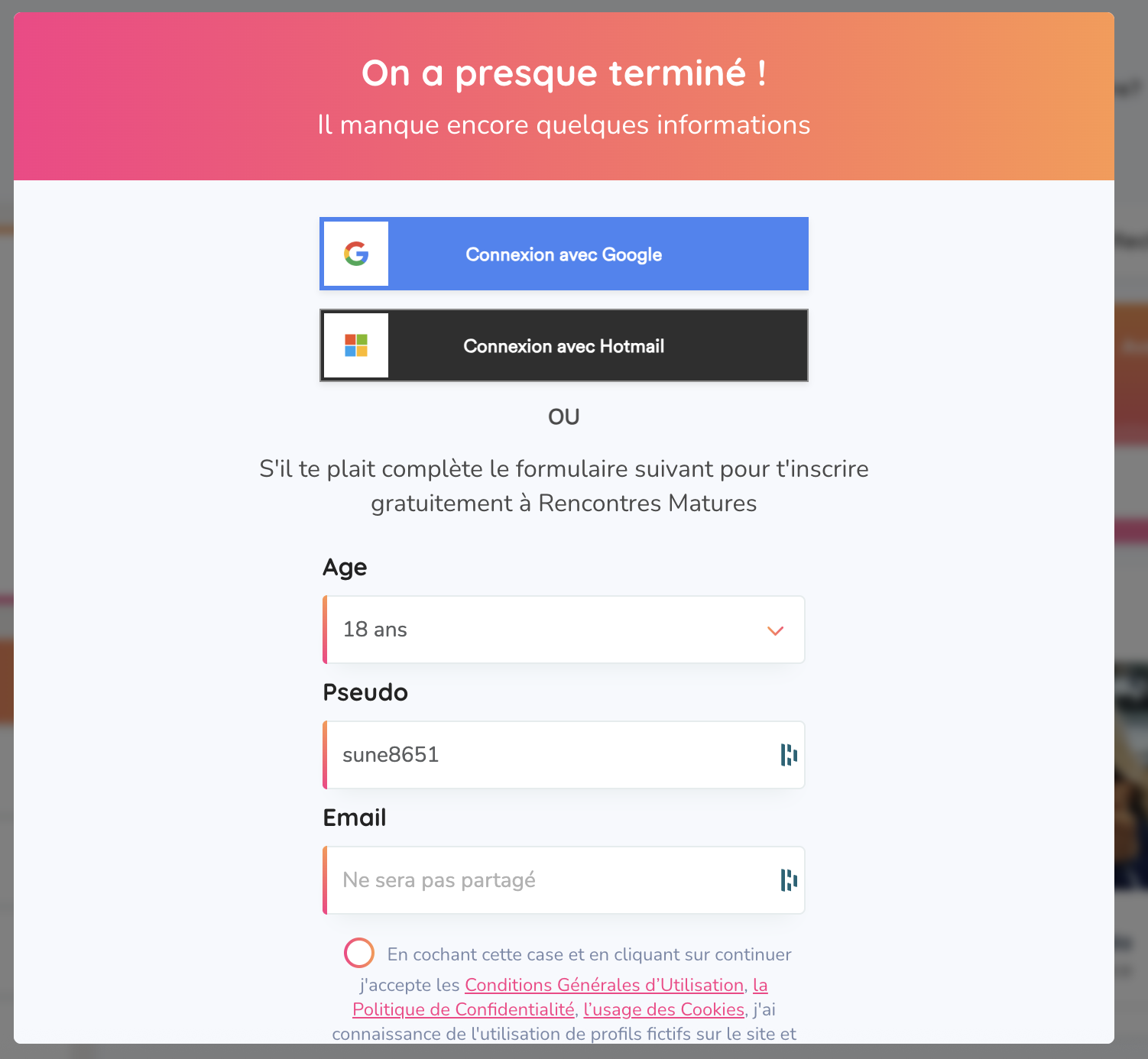 Écran supplémentaire du parcours RencontresMatures